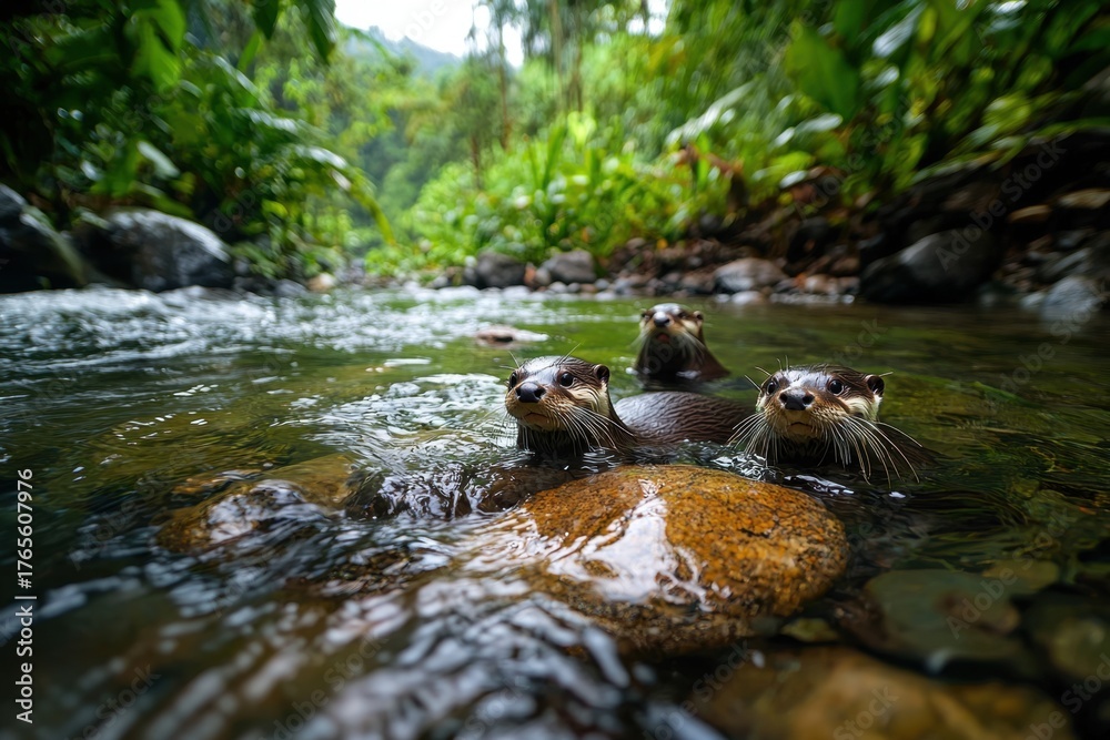 Fototapeta premium Playful group of otters swimming in clear river surrounded by lush green forest and rocks, creating lively and natural wildlife scene