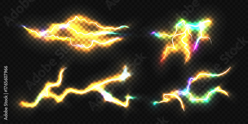 Set of realistic, colorful lightning bolts or plasma discharges on a transparent black background. Electrical thunder vectors.