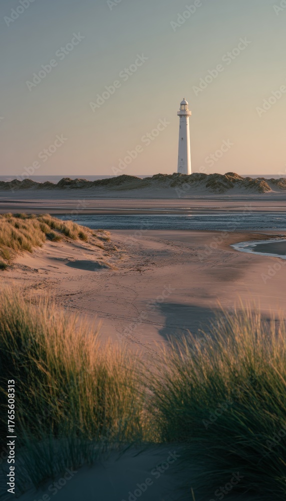 Fototapeta premium Serene coastal view with white lighthouse on dunes and gentle waves under soft sunset glow