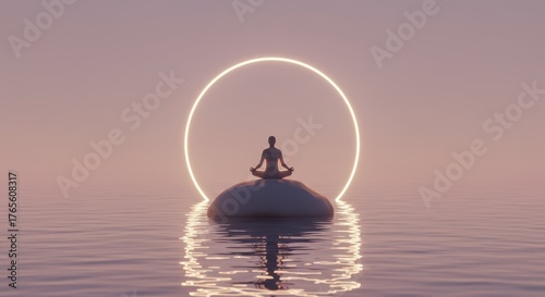 A minimalist, abstract scene showing a person meditating on a calm, serene rock in the middle of a peaceful, floating lake. The figure is a glowing silhouette, surrounded by soft, pastel light