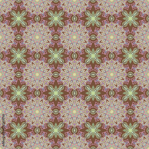Intricate seamless pattern featuring highly detailed pastel mandala starbursts on a rich brown background. A luxurious, ornamental, and elegant design with a vintage damask feel.
