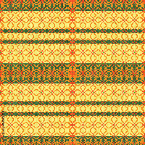 Seamless pixelated woven pattern in warm bands of gold, orange, and forest green. Features traditional geometric trellis motifs, giving it a rich, rustic folk-art textile aesthetic.