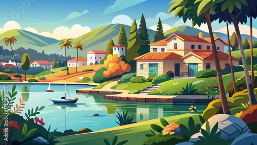 Very beautiful afternoon view of Lake San Marcos in San Marcos, California, USA, featuring calm sparkling waters, surrounding lush greenery, and charming lakeside homes under bright sunlight, creating