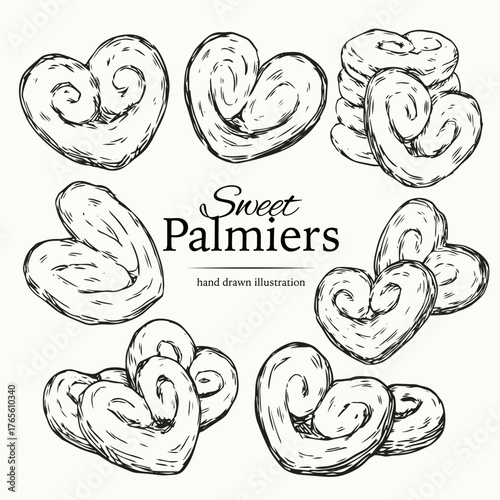 Set of hand drawn Palmiers sweet and crispy heart shaped elephant ear cookies pastry outline drawing illustration