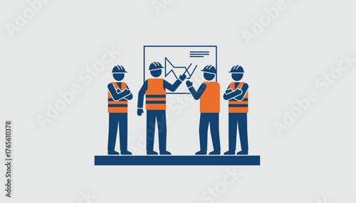 Construction team in hard hats and safety vests reviewing charts and blueprints during a project meeting, discussing plans and collaboration against a light gray background