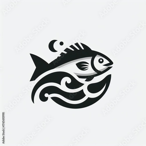 Dynamic fish swims through stylized waves creating a modern, elegant aquatic logo design perfect for branding