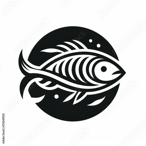 Striking black and white fish skeleton logo design, symbolizing nature, life, and the sea with a modern artistic flair.