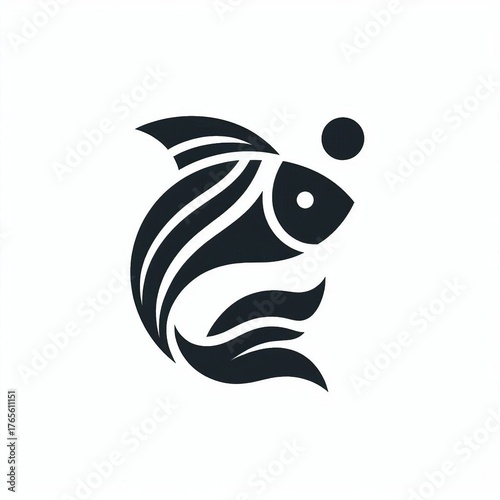 Elegant black fish logo design with flowing lines and abstract bubble element, perfect for aquatic brands and modern design projects.