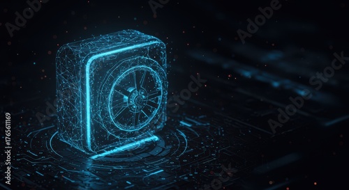 An abstract, secure digital vault represented by interlocking geometric shapes and glowing lines, set against a dark, tech-inspired background. The scene should convey a strong sense of data