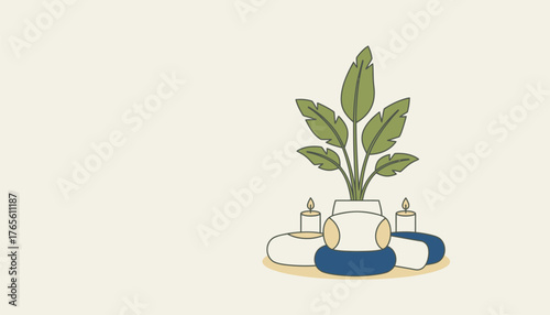 Calm meditation corner with potted plant, two cushions and glowing candles in a minimal hand drawn vector style, warm soft lighting perfect for yoga or mindfulness practice
