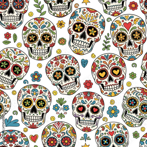 Mexican Day of the Dead Sugar Skulls Seamless Pattern. Calavera Illustration. Vibrant Folk Art Background