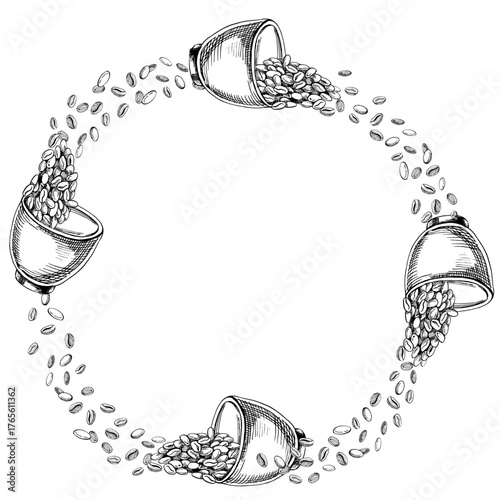 A wreath of cups and coffee beans. Vector illustration for coffee shop interiors, product packaging, postcards, coffee cup bonfires, and menu design.