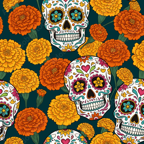 Vibrant Day of the Dead seamless pattern with sugar skulls and marigold flowers on dark background. Mexican cultural design.