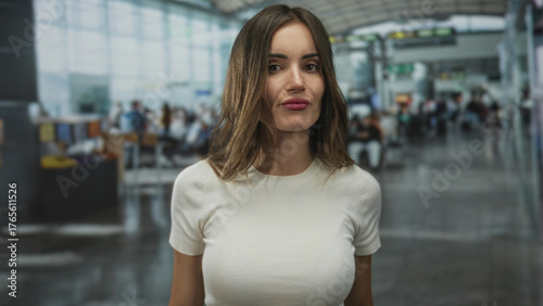 Young hispanic woman forms timeout gesture with hands in busy airport terminal by service counters; calm pause. Free Download Young hispanic woman forms timeout gesture with hands in busy airport terminal by service counters; calm pause. - GFXLoad