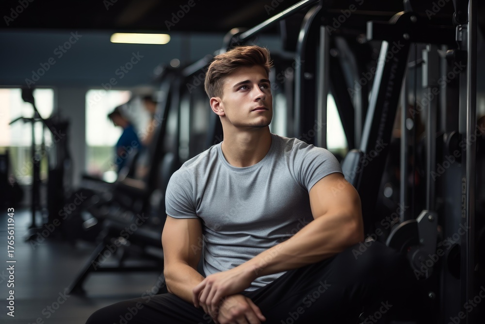 Fototapeta premium Muscular athlete taking a break after exercising in a modern fitness center