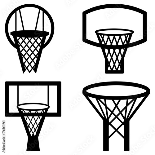 Dynamic basketball hoop collection for sports branding and athletic designs, ideal for team logos and tournament promotions with a modern, clean aesthetic
