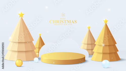 3D Golden podium with minimal christmas trees and ornaments on the stage. Perfect for holiday product display or advertising background