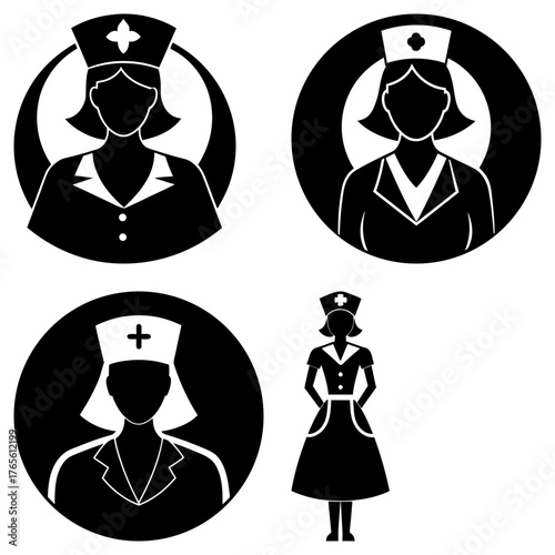 Professional medical icons depicting caring nurses in uniform ready to serve, symbolizing healthcare support and dedication to patient well-being.
