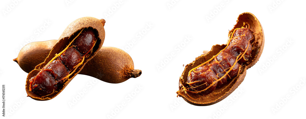 Obraz premium sat of Exotic Tamarind Arrangement – Natural Brown Pods and Green Leaves PNG