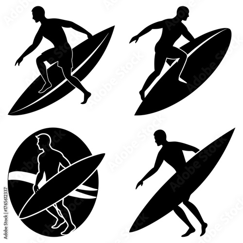 Dynamic surfers catching waves, capturing the thrill and freedom of extreme ocean sports in stylish silhouettes