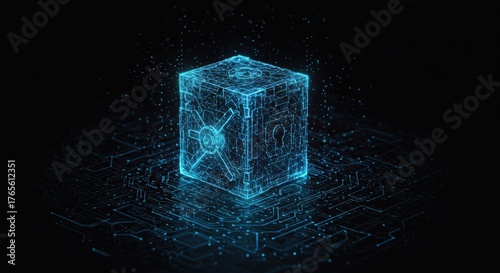 An abstract, secure digital vault represented by interlocking geometric shapes and glowing lines, set against a dark, tech-inspired background. The scene should convey a strong sense of data