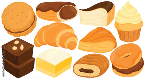Vector Europe Dessert Clip Art Set Pastry Bakery Croissant Cupcake Brownie Cheesecake Eclair Macaron Bagel Sweet Food Illustration Isolated on White Background Graphic