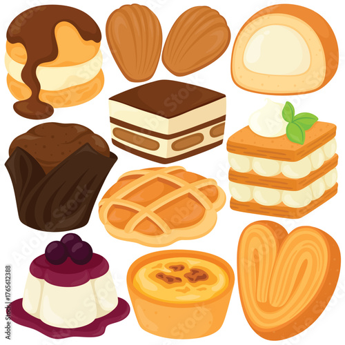Vector Europe Dessert Clip Art Set Pastry Bakery Tiramisu Egg Tart Panna Cotta Muffin Palmiers Sweet Food Illustration Isolated on White Background Graphic