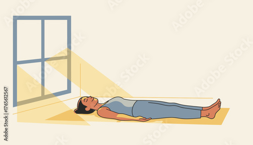 Woman lies on a yoga mat by a sunlit window, practicing savasana for deep relaxation and mindful meditation, embracing calm, wellness, and inner peace