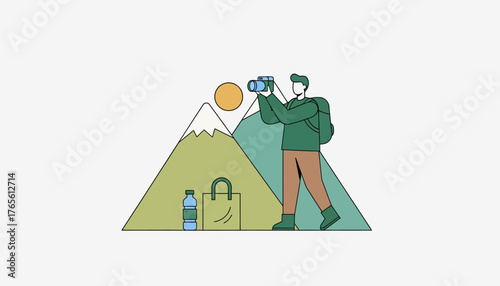 Man with backpack hiking in mountains taking a landscape photograph with a camera, enjoying nature and travel, representing adventure, exploration, and outdoor activity