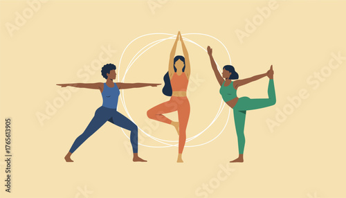 Diverse group of women of different ethnicities are practicing yoga poses, symbolizing wellness, balance, and mindful living through exercise and health, set against a calm, light background