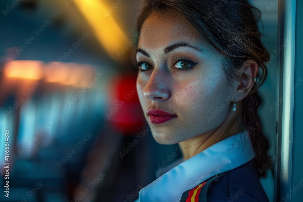 Obraz premium Portrait of a young flight attendant looking over her shoulder inside a train carriage at night