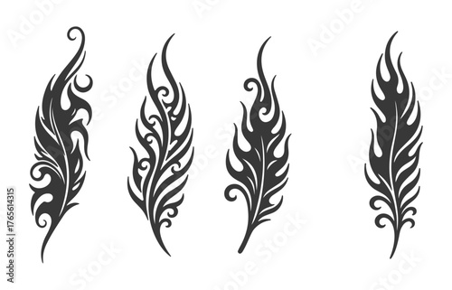 Set of tribal feather tattoo designs. Vector illustration of abstract flame-like ornamental elements.