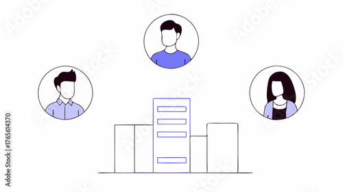 Networking Opportunities A small group of people blending various ethnicities exchanging contact information and ideas set against a backdrop of modern abstract buildings in muted