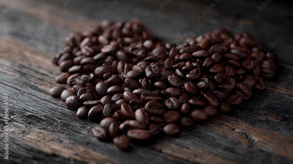 Obraz premium Dark roasted coffee beans artfully arranged in a heart shape on a rustic wooden surface