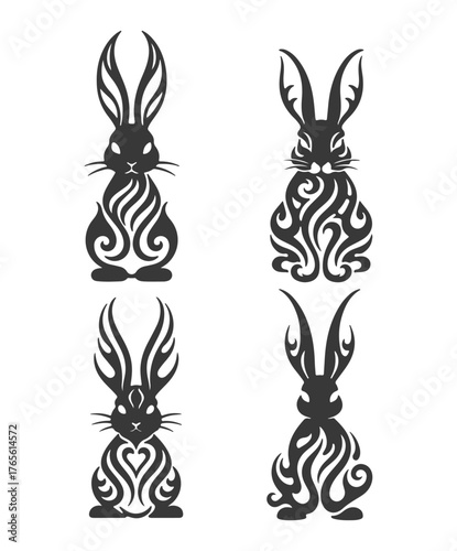 Set of tribal rabbit tattoo designs. Vector illustration of bunny silhouettes isolated on white.