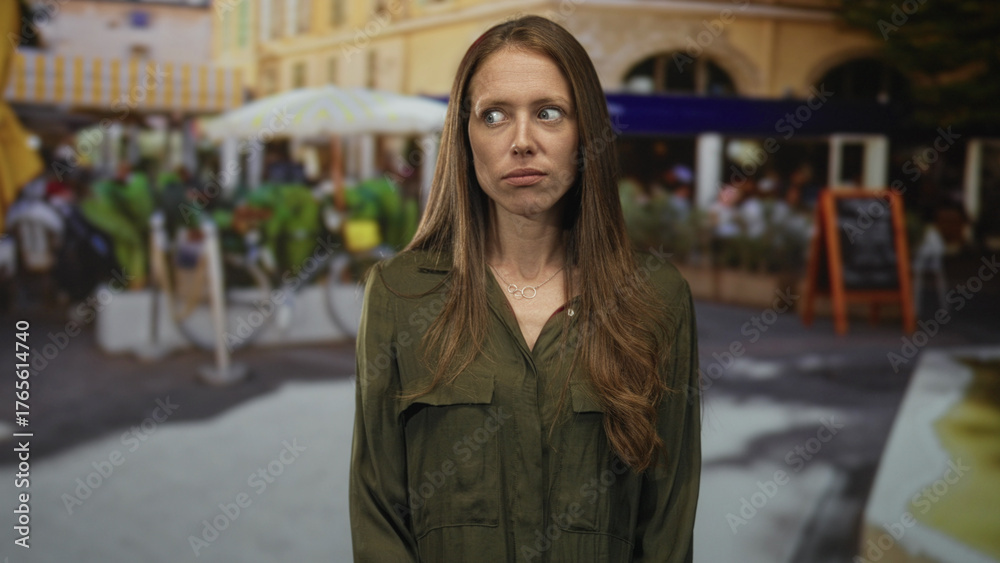 Fototapeta premium Young woman with open mouth gasping on a busy street cafe near sidewalk tables and umbrellas, facing camera with wide eyes; surprise.