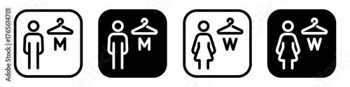 Changing room icons set with male and female symbols. Simple outline and filled vector illustrations with clothes hanger signs for wardrobe, locker room or dressing area navigation and signage design.