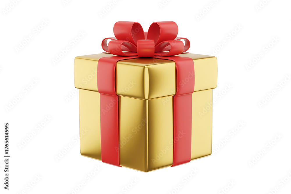 Obraz premium Golden gift box adorned with a vibrant red bow, symbolizing celebration and joyful giving.