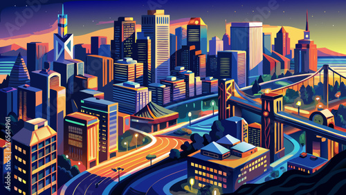 
Very beautiful top-down aerial view of San Francisco, California, at night, showing illuminated streets and buildings, vibrant city lights, and the urban grid glowing against the dark backdrop, creat