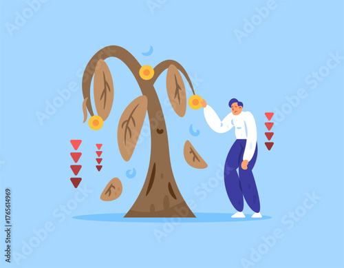 failed investment concept. failure in business and investment. illustration of a man feeling down because his money plant is wilting. problem. flat style design. blue background