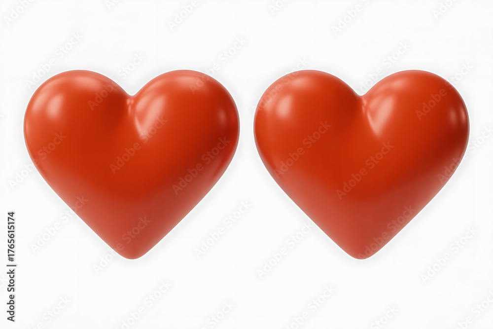 Obraz premium Two vibrant red hearts, glossy and smooth, symbolize love, affection, and connection.