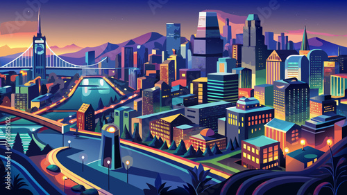 
Very beautiful top-down aerial view of San Francisco, California, at night, showing illuminated streets and buildings, vibrant city lights, and the urban grid glowing against the dark backdrop, creat