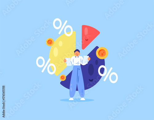 Financial management concept. organize and divide the budget or budgeting. Illustration of a man holding a financial report with a pie chart and percentage symbol. Flat design style. Blue background.