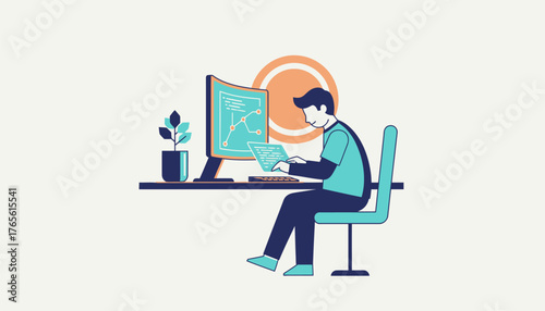 Man programmer coding with a laptop and desktop computer, viewing data and statistics, sitting at a desk in an office environment, working on software development
