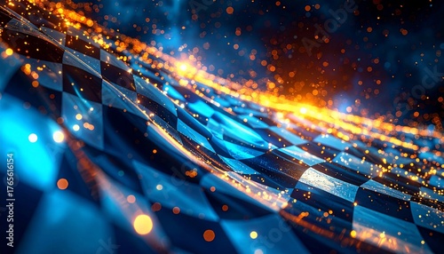 Wavy checkered surface glows with blue light, covered in fiery orange sparks and energy trails