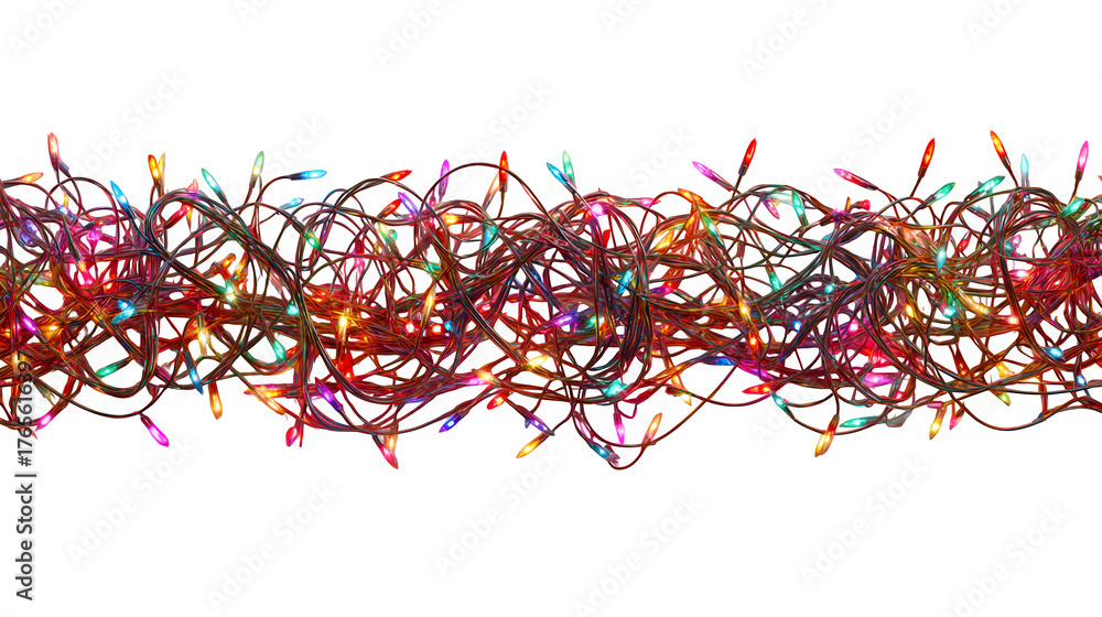 A seamless horizontal border of glowing, colourful Christmas fairy lights, tangled in a beautiful, chaotic string. Photorealistic, vibrant, isolated on white background.