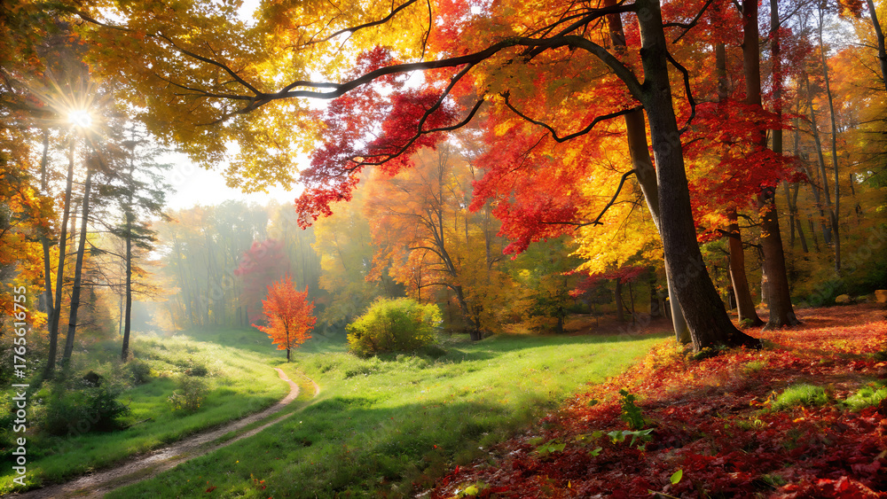 Fototapeta premium Breathtaking autumn forest path bathed in golden morning sunlight with vibrant red and yellow leaves creating a magical, serene atmosphere for peaceful exploration.