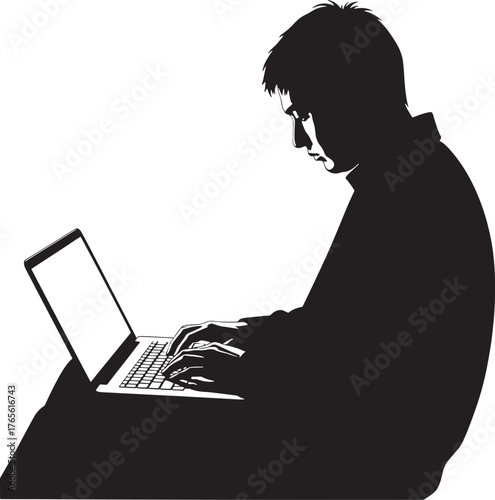 Vector silhouette of a man with a laptop on a white background.