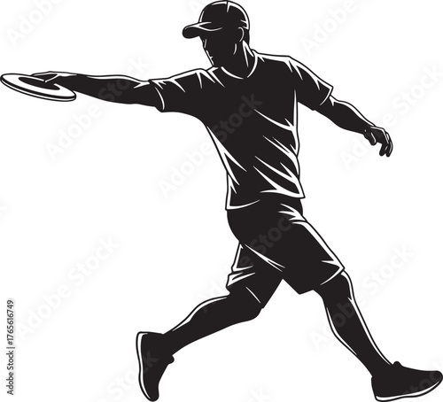 Disc golf player silhouette throwing flying disc, dynamic sports vector, black and white.