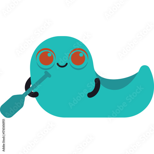 Cute Cartoon Boat Character with Paddle Illustration teal orange eyes smile watercraft sea ocean transport